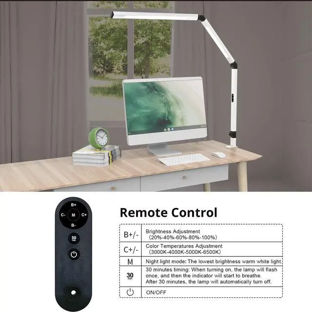 Alt view image 4 of 6 - LED Desk Lamp for Home Office, Architect Clamp Desk Lamp with Remote Control, Adjustable Swing Arm Clamp on Desk Light Clip-on Dual Light 5 Brightness Levels & 4 CCT Modes Table Light White