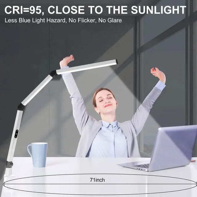 Alt view image 3 of 6 - LED Desk Lamp for Home Office, Architect Clamp Desk Lamp with Remote Control, Adjustable Swing Arm Clamp on Desk Light Clip-on Dual Light 5 Brightness Levels & 4 CCT Modes Table Light White