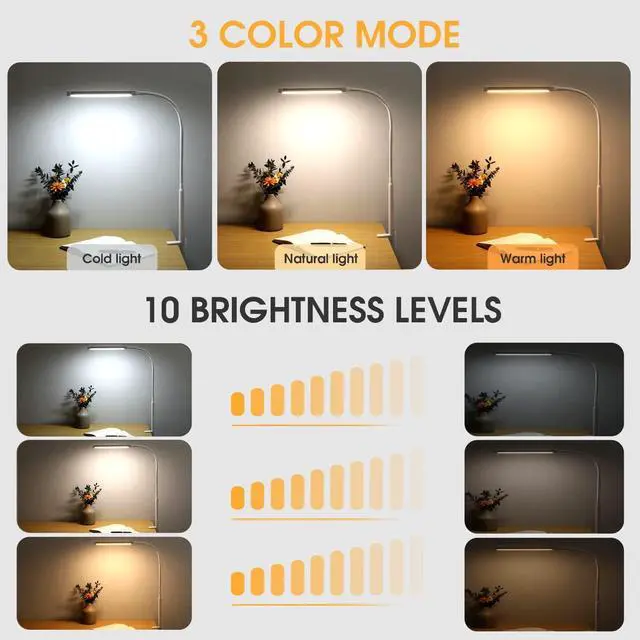 Alt view image 2 of 6 - LED Desk lamp with Clamp, Eye-Caring Clip on Lights for Home Office, 3 Modes 10 Brightness, Long Flexible Gooseneck,Metal, Swing Arm Architect Task Table Lamps with USB Adapter, White