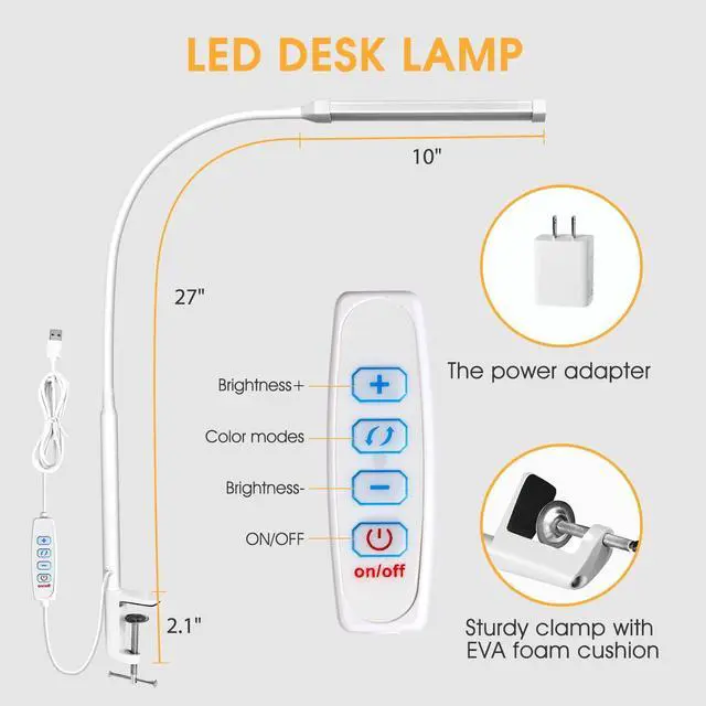 Alt view image 5 of 6 - LED Desk lamp with Clamp, Eye-Caring Clip on Lights for Home Office, 3 Modes 10 Brightness, Long Flexible Gooseneck,Metal, Swing Arm Architect Task Table Lamps with USB Adapter, White