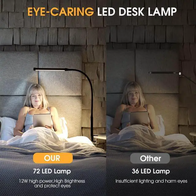 Alt view image 4 of 6 - LED Desk lamp with Clamp, Eye-Caring Clip on Lights for Home Office, 3 Modes 10 Brightness, Long Flexible Gooseneck,Metal, Swing Arm Architect Task Table Lamps with USB Adapter, White