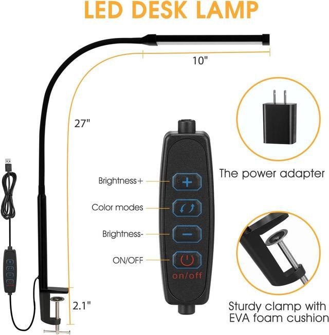 Alt view image 4 of 6 - LED Desk lamp with Clamp, Eye-Caring Clip on Lights for Home Office, 3 Modes 10 Brightness, Long Flexible Gooseneck,Metal, Swing Arm Architect Task Table Lamps with USB Adapter, Black
