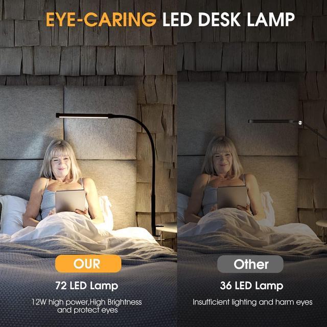 Alt view image 5 of 6 - LED Desk lamp with Clamp, Eye-Caring Clip on Lights for Home Office, 3 Modes 10 Brightness, Long Flexible Gooseneck,Metal, Swing Arm Architect Task Table Lamps with USB Adapter, Black