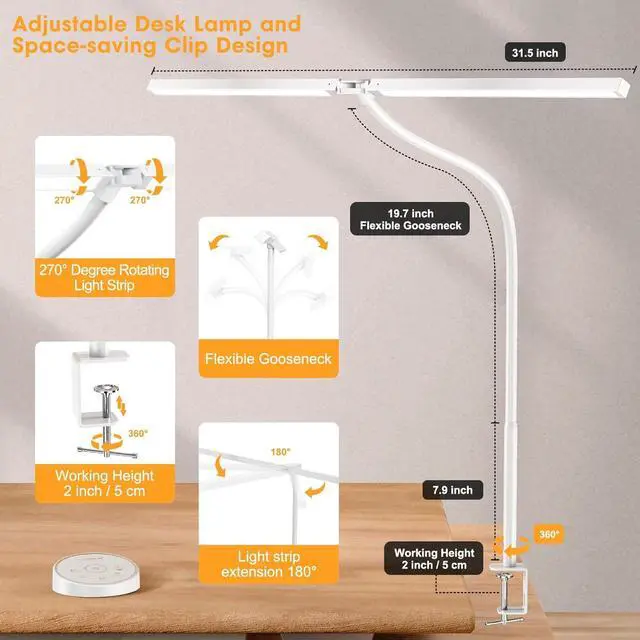 Alt view image 5 of 6 - Led Desk Lamp for Office Home - Eye Caring Architect lamp with Clamp,Dual Screen Computer Monitor Gooseneck Smart Light: 24W 5 Color Flexible Adjustable Lighting Table Lamp for Study White