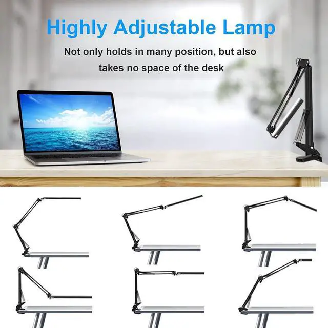 Alt view image 3 of 7 - LED Desk Lamp for Home,Office,Reading,Adjustable Eye-Caring Desk Light with Clamp,Swing Arm Lamp Includes 3 Color Modes,10 Brightness Levels Table Lamps with Memory Function