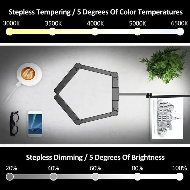 Alt view image 5 of 6 - Transformable LED Desk Lamp, 41.5" Large Architect Desk Lamp with Clamp, 3 Light Bars Desk Light for Home Office, 24W Auto Dimming Office Lighting Table Light for L Shaped Desk