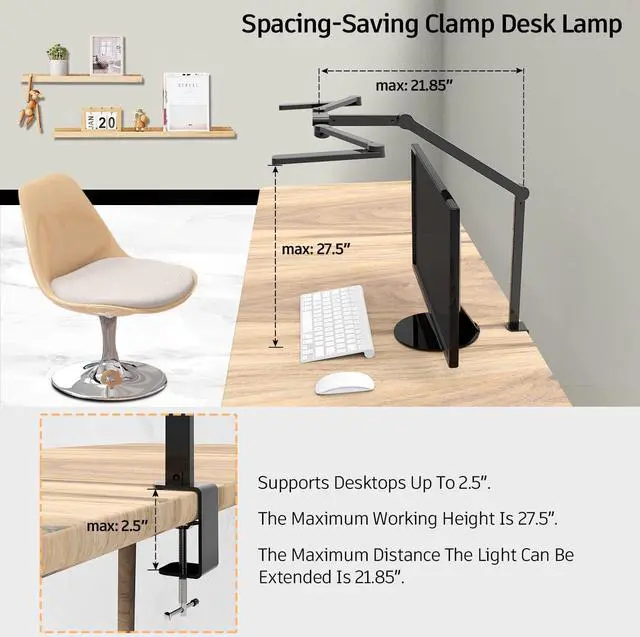Alt view image 6 of 6 - Transformable LED Desk Lamp, 41.5" Large Architect Desk Lamp with Clamp, 3 Light Bars Desk Light for Home Office, 24W Auto Dimming Office Lighting Table Light for L Shaped Desk