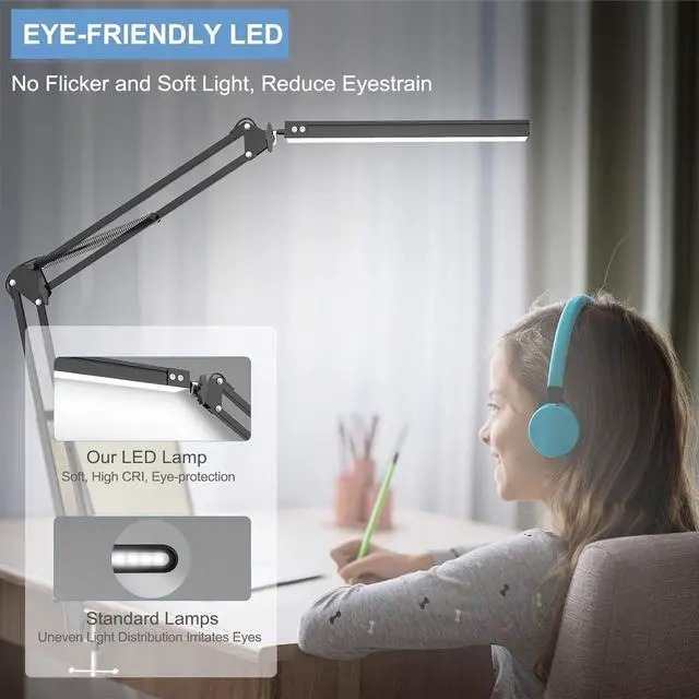 Alt view image 6 of 7 - LED Desk Lamp,Adjustable Swing Arm Desk Lamp with Clamp,Dimmable Desk Light Eye-Care Table Light, Memory Function, 3 Color Modes, 10-Level Brightness Table Lamp for Home, Office, Study, Reading