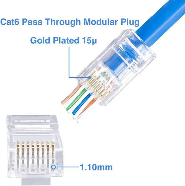 Alt view image 2 of 6 - Cat6 Pass Through RJ45 Connectors,100-PACK Cat 6 Ends/Cat6 Connector/Cat6 RJ45 Modular Plugs(3-Prong Gold Plated 15),UTP Network Plug for Solid Strand Cable
