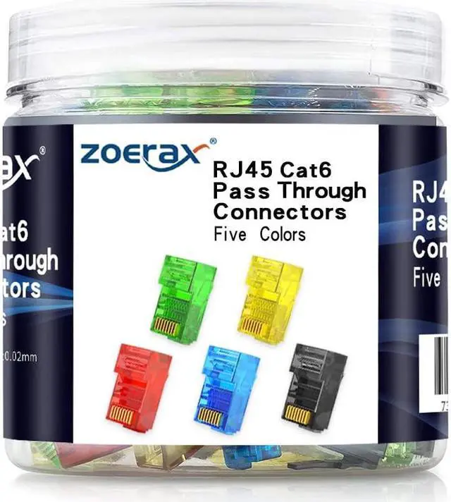 Main image of 100-Pack RJ45 Cat6 Pass Through Connector, Assorted Colors, RJ45 Modular Plugs for Solid or Stranded UTP Cable