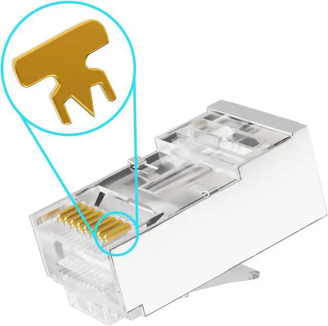 Alt view image 4 of 6 - 100-Pack Shielded RJ45 Cat6 Pass-Through Connectors, STP Crimp Modular Plugs, 50U Gold-Plated, 3-Prong for Solid and Stranded Cable, 8P8C Design