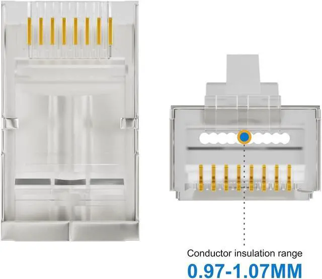 Alt view image 3 of 6 - 100-Pack Shielded RJ45 Cat6 Pass-Through Connectors, STP Crimp Modular Plugs, 50U Gold-Plated, 3-Prong for Solid and Stranded Cable, 8P8C Design