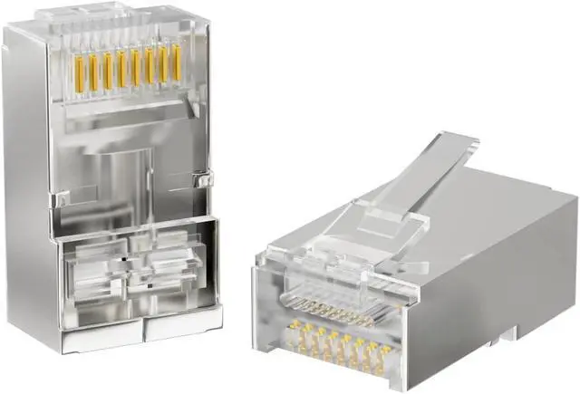 Alt view image 2 of 6 - 100-Pack Shielded RJ45 Cat6 Pass-Through Connectors, STP Crimp Modular Plugs, 50U Gold-Plated, 3-Prong for Solid and Stranded Cable, 8P8C Design