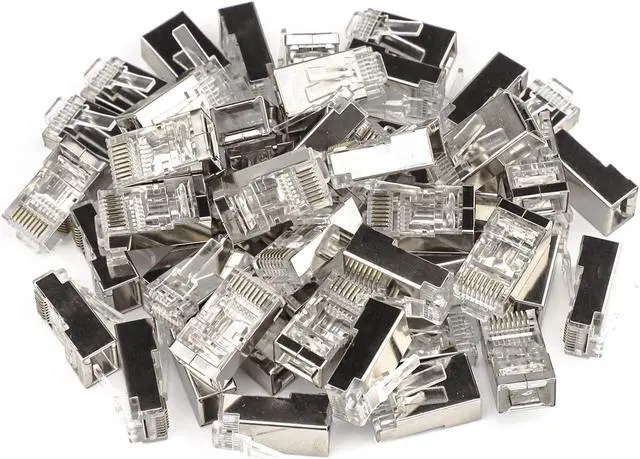 Alt view image 6 of 6 - 100-Pack Shielded RJ45 Cat6 Pass-Through Connectors, STP Crimp Modular Plugs, 50U Gold-Plated, 3-Prong for Solid and Stranded Cable, 8P8C Design