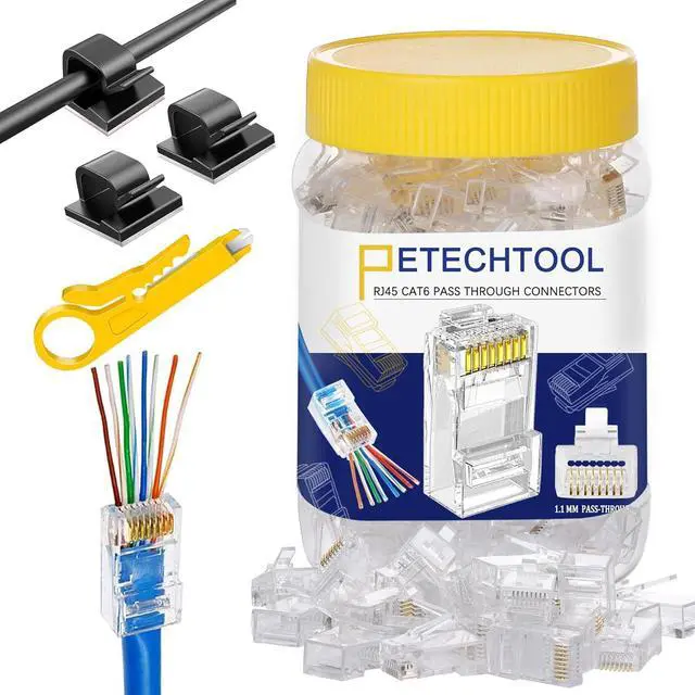 Main image of Cat6 RJ45 Pass Through Connectors 130-Pack Cat6 Cat5 Ethernet Connector for Solid or Stranded UTP Cable 100PCS Cat6 Cat5e Connectors, 30PCS Self-Adhesive Cable Clips and Mini Stripper
