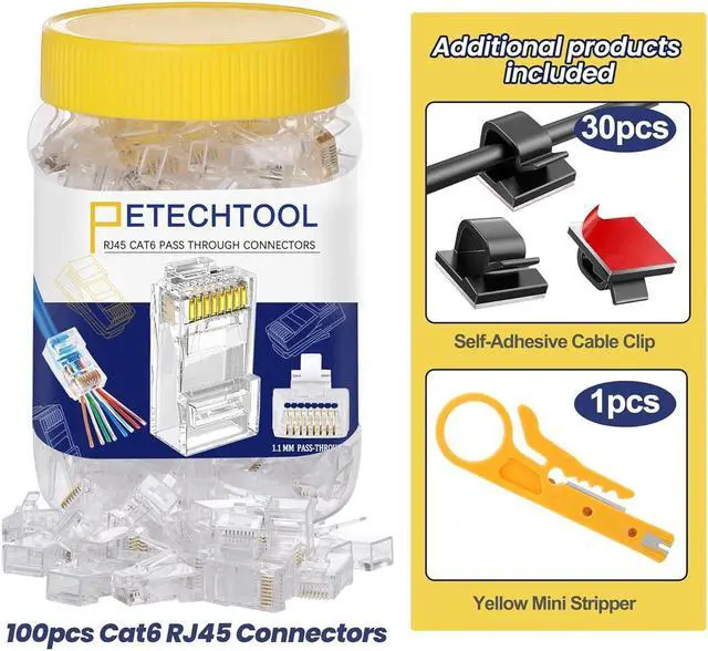 Alt view image 2 of 6 - Cat6 RJ45 Pass Through Connectors 130-Pack Cat6 Cat5 Ethernet Connector for Solid or Stranded UTP Cable 100PCS Cat6 Cat5e Connectors, 30PCS Self-Adhesive Cable Clips and Mini Stripper