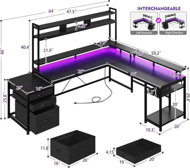 Alt view image 2 of 7 - L Shaped Gaming Desk with LED Black Gaming Desk with Drawers & Storage Shelf Reversible Large Computer Desk with Monitor Stand & Power Outlets L Desk for Home Office,Gaming Room