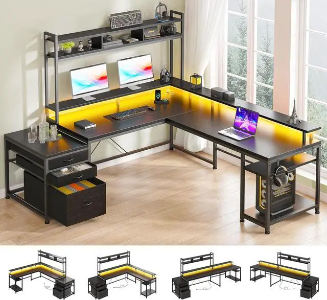Alt view image 3 of 7 - L Shaped Gaming Desk with LED Black Gaming Desk with Drawers & Storage Shelf Reversible Large Computer Desk with Monitor Stand & Power Outlets L Desk for Home Office,Gaming Room