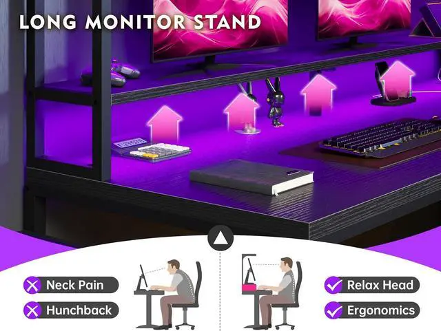 Alt view image 7 of 7 - L Shaped Gaming Desk with LED Black Gaming Desk with Drawers & Storage Shelf Reversible Large Computer Desk with Monitor Stand & Power Outlets L Desk for Home Office,Gaming Room