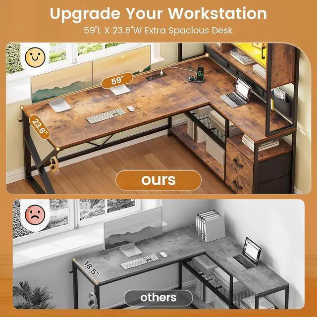 Alt view image 3 of 7 - 59" L Shaped Computer Desk, Home Office Desk with 2 Drawer and Bookshelf, L Shaped Gaming Desk with LED Light, Glass Cabinet and Storage Bag, Corner Desk with Storage Shelves, Rustic Brown