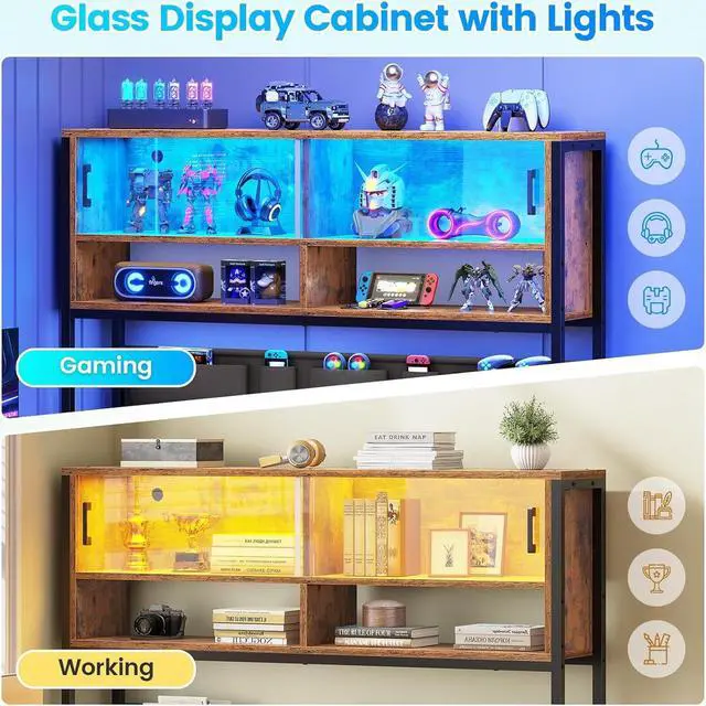 Alt view image 5 of 7 - 59" L Shaped Computer Desk, Home Office Desk with 2 Drawer and Bookshelf, L Shaped Gaming Desk with LED Light, Glass Cabinet and Storage Bag, Corner Desk with Storage Shelves, Rustic Brown