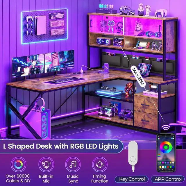 Alt view image 7 of 7 - 59" L Shaped Computer Desk, Home Office Desk with 2 Drawer and Bookshelf, L Shaped Gaming Desk with LED Light, Glass Cabinet and Storage Bag, Corner Desk with Storage Shelves, Rustic Brown