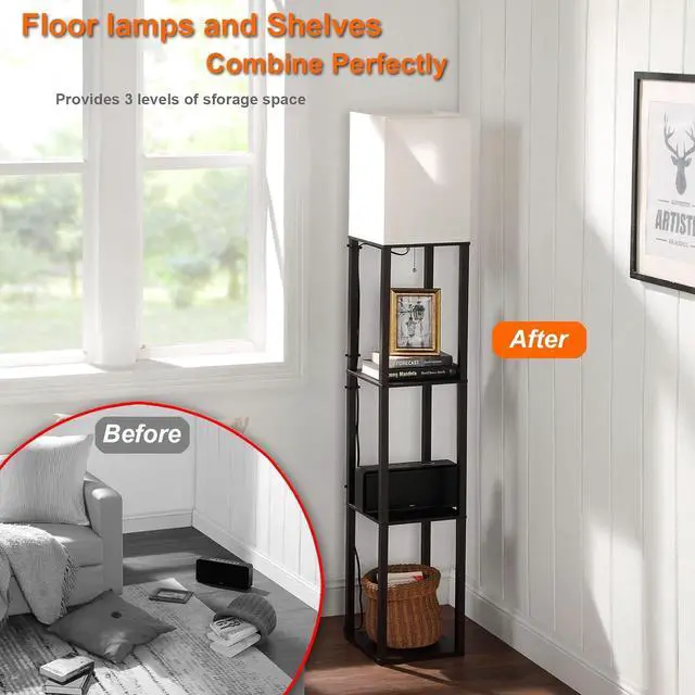 Alt view image 3 of 5 - Floor Lamp with Shelves, Shelf Floor Lamps for Living Room with 2 USB Charging Ports 1 Power Outlet and Drawer, Modern Corner Square Display Standing Lamp 4-Tier Tall Bookshelf Lamp for Bedroom