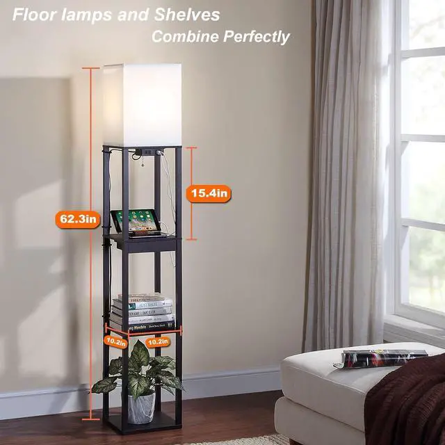 Alt view image 2 of 5 - Floor Lamp with Shelves, Shelf Floor Lamps for Living Room with 2 USB Charging Ports 1 Power Outlet and Drawer, Modern Corner Square Display Standing Lamp 4-Tier Tall Bookshelf Lamp for Bedroom