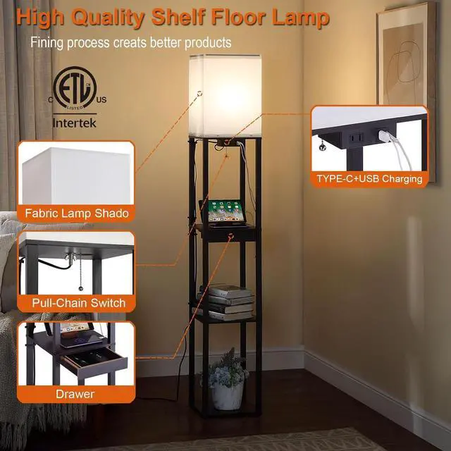 Alt view image 5 of 5 - Floor Lamp with Shelves, Shelf Floor Lamps for Living Room with 2 USB Charging Ports 1 Power Outlet and Drawer, Modern Corner Square Display Standing Lamp 4-Tier Tall Bookshelf Lamp for Bedroom