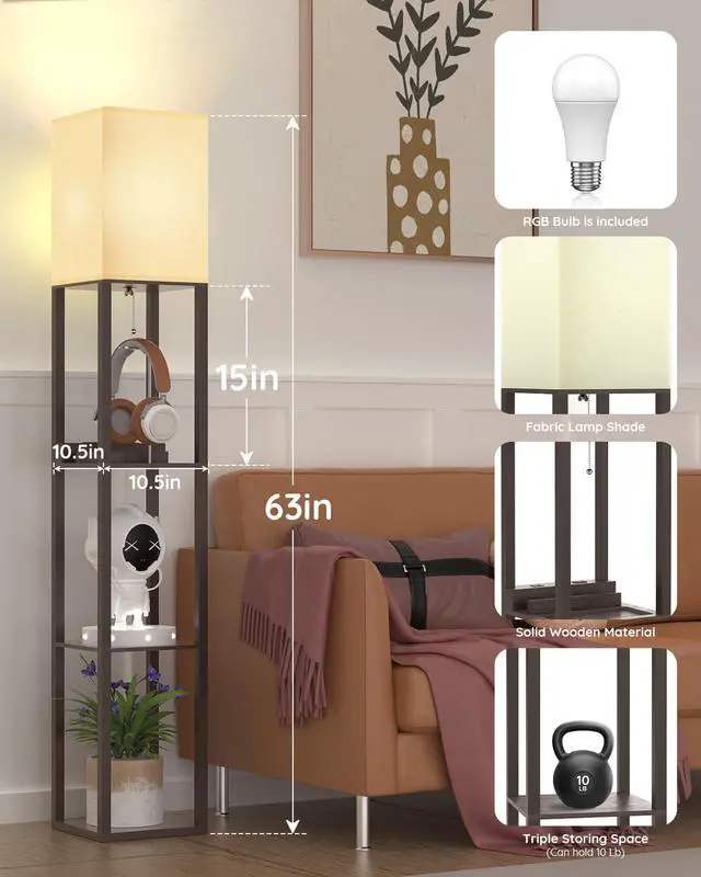 Alt view image 5 of 7 - Floor Lamp with Shelves, Shelf Floor Lamps by Solid Wood with 2 Charging Ports and 1 Power Outlet, Floor Lamps for Bedrooms, Lamps for Living Room, Brown Color