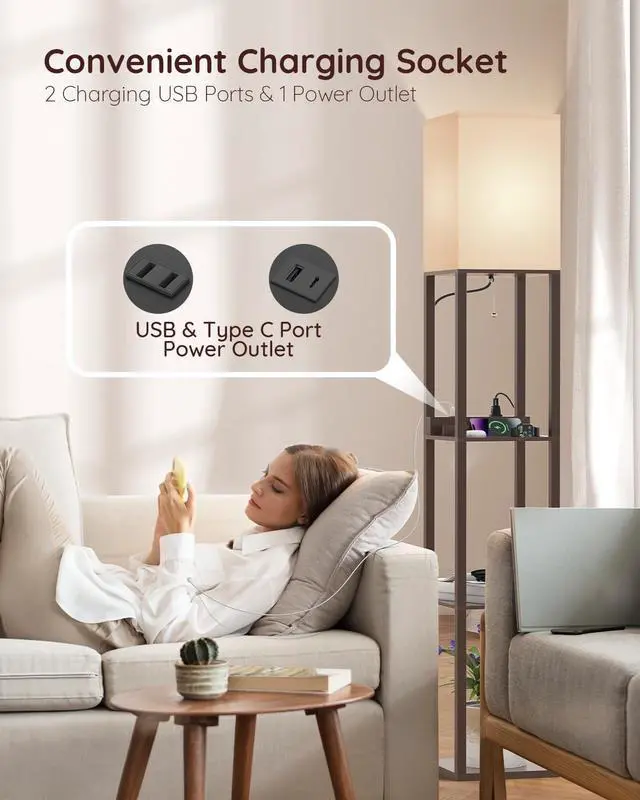 Alt view image 4 of 7 - Floor Lamp with Shelves, Shelf Floor Lamps by Solid Wood with 2 Charging Ports and 1 Power Outlet, Floor Lamps for Bedrooms, Lamps for Living Room, Brown Color