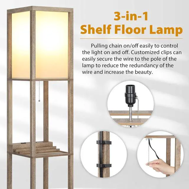 Alt view image 6 of 7 - LED Shelf Floor Lamp, Modern Standing Lamp with 1 USB Port and 1 Type C Port and 1 Power Outlet, 3-Tiered Display Floor Lamps with Shelves for Living Room, Bedroom and Office - Wood