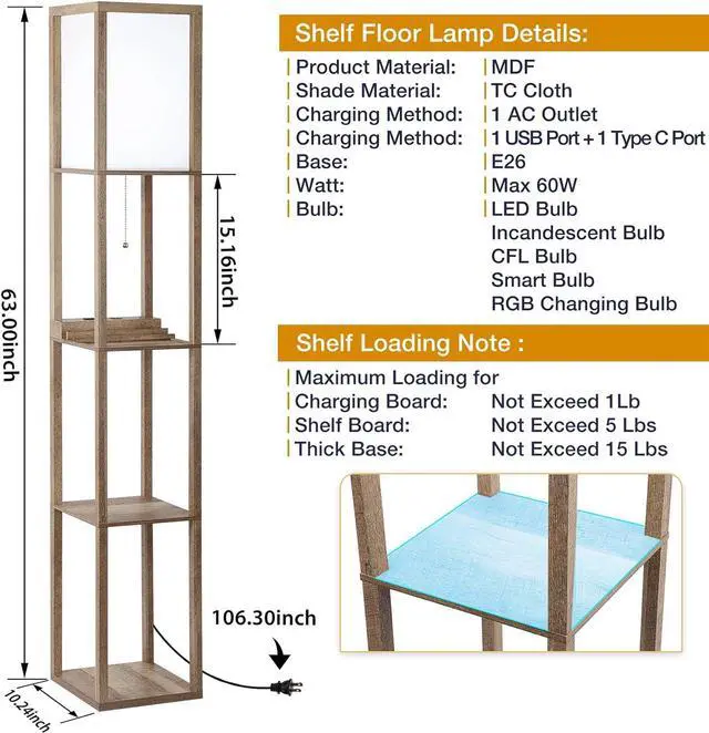 Alt view image 3 of 7 - LED Shelf Floor Lamp, Modern Standing Lamp with 1 USB Port and 1 Type C Port and 1 Power Outlet, 3-Tiered Display Floor Lamps with Shelves for Living Room, Bedroom and Office - Wood