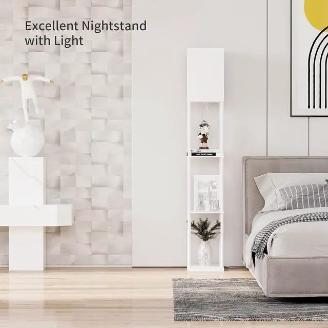 Alt view image 5 of 6 - Shelf Floor Lamp with 3-Way Dimmable LED Bulb, Modern Square Standing Lamp with Shelves and White Shade, Corner Display Bookshelf Lamp for Living Room and Bedroom(White)