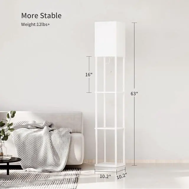 Alt view image 6 of 6 - Shelf Floor Lamp with 3-Way Dimmable LED Bulb, Modern Square Standing Lamp with Shelves and White Shade, Corner Display Bookshelf Lamp for Living Room and Bedroom(White)