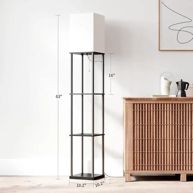 Alt view image 4 of 6 - Floor Lamp with Shelves, Modern Square Standing Lamp with 3 Color Temperature Bulb, Corner Display Bookshelf Lamp for Living Room and Bedroom(Black)