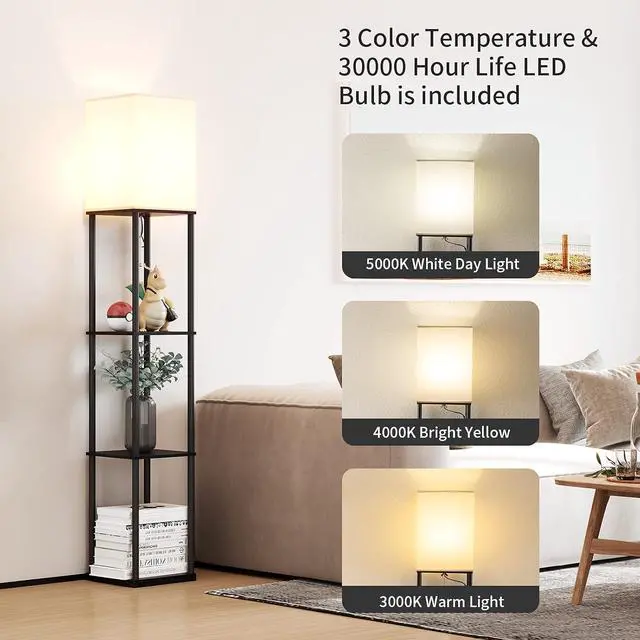 Alt view image 2 of 6 - Floor Lamp with Shelves, Modern Square Standing Lamp with 3 Color Temperature Bulb, Corner Display Bookshelf Lamp for Living Room and Bedroom(Black)