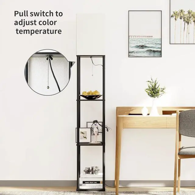 Alt view image 6 of 6 - Floor Lamp with Shelves, Modern Square Standing Lamp with 3 Color Temperature Bulb, Corner Display Bookshelf Lamp for Living Room and Bedroom(Black)