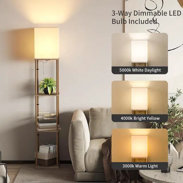 Alt view image 2 of 7 - Floor Lamp with Shelves, Modern Square Shelf Lamp, Display Shelf Standing Lamp with 3 Color Temperature Bulb, Corner Bookshelf Lamp for Living Room and Bedroom Office, Home Decor