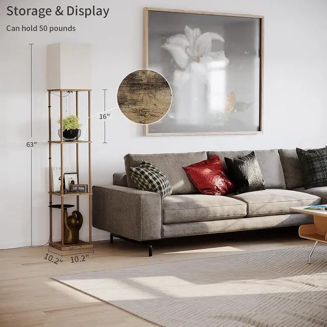 Alt view image 3 of 7 - Floor Lamp with Shelves, Modern Square Shelf Lamp, Display Shelf Standing Lamp with 3 Color Temperature Bulb, Corner Bookshelf Lamp for Living Room and Bedroom Office, Home Decor