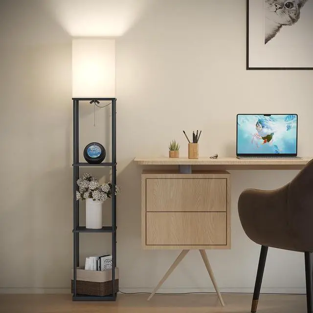 Alt view image 6 of 7 - Floor Lamp with Shelves, Smart APP Control Standing Lamp with RGB Bulb, 4-Tier Dimmable Floor Lamps for Living Room, Tall Lamp for Bedroom, Office, Corner Display Bookshelf Lamp
