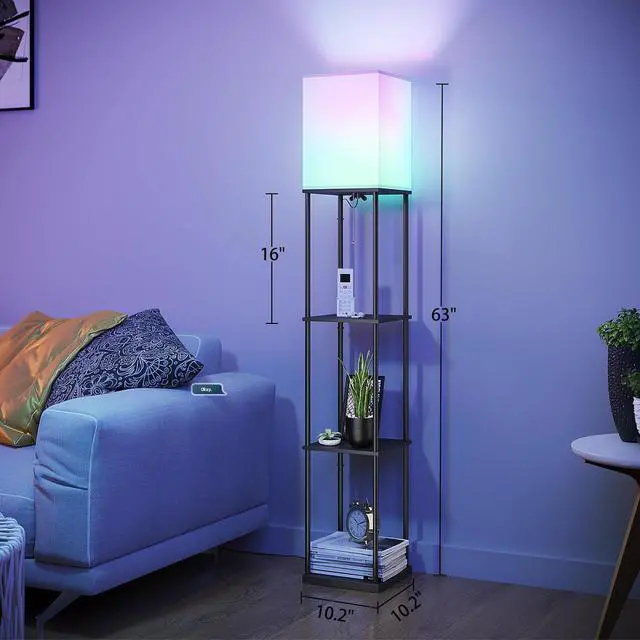 Alt view image 5 of 7 - Floor Lamp with Shelves, Smart APP Control Standing Lamp with RGB Bulb, 4-Tier Dimmable Floor Lamps for Living Room, Tall Lamp for Bedroom, Office, Corner Display Bookshelf Lamp