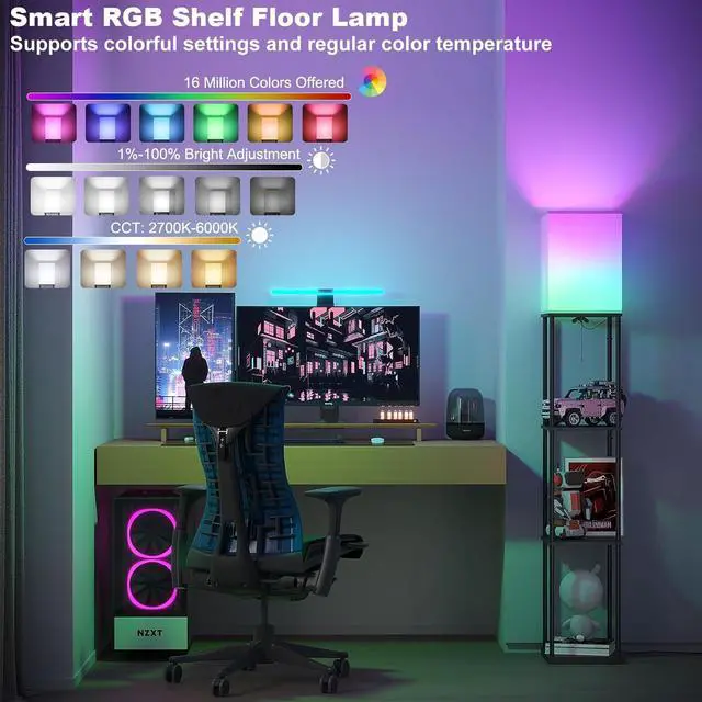 Alt view image 2 of 7 - Floor Lamp with Shelves, Smart APP Control Standing Lamp with RGB Bulb, 4-Tier Dimmable Floor Lamps for Living Room, Tall Lamp for Bedroom, Office, Corner Display Bookshelf Lamp