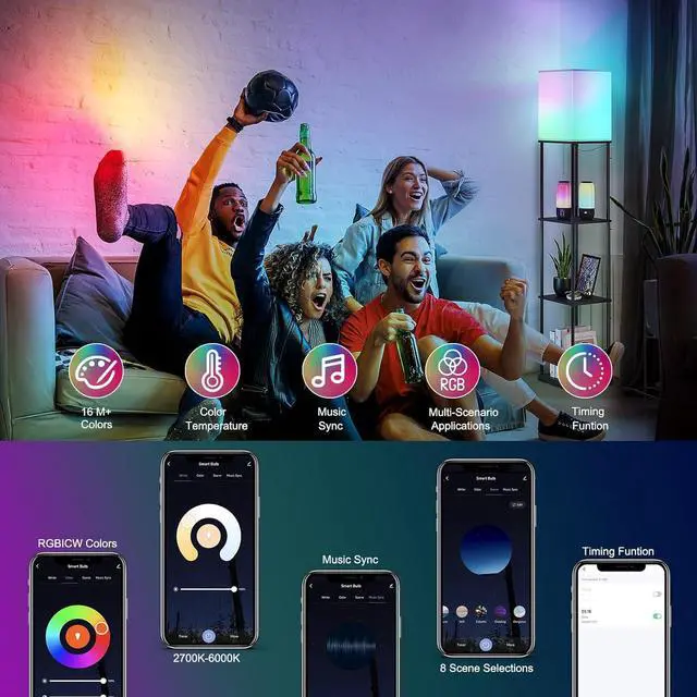 Alt view image 4 of 7 - Floor Lamp with Shelves, Smart APP Control Standing Lamp with RGB Bulb, 4-Tier Dimmable Floor Lamps for Living Room, Tall Lamp for Bedroom, Office, Corner Display Bookshelf Lamp