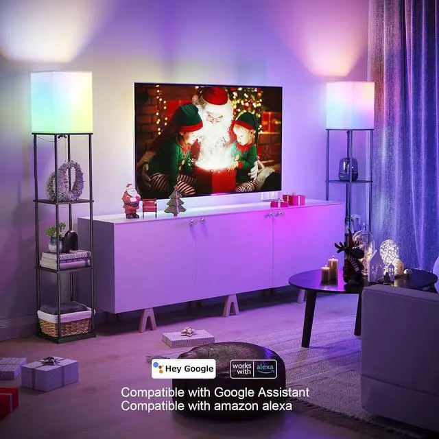 Alt view image 3 of 7 - Floor Lamp with Shelves, Smart APP Control Standing Lamp with RGB Bulb, 4-Tier Dimmable Floor Lamps for Living Room, Tall Lamp for Bedroom, Office, Corner Display Bookshelf Lamp