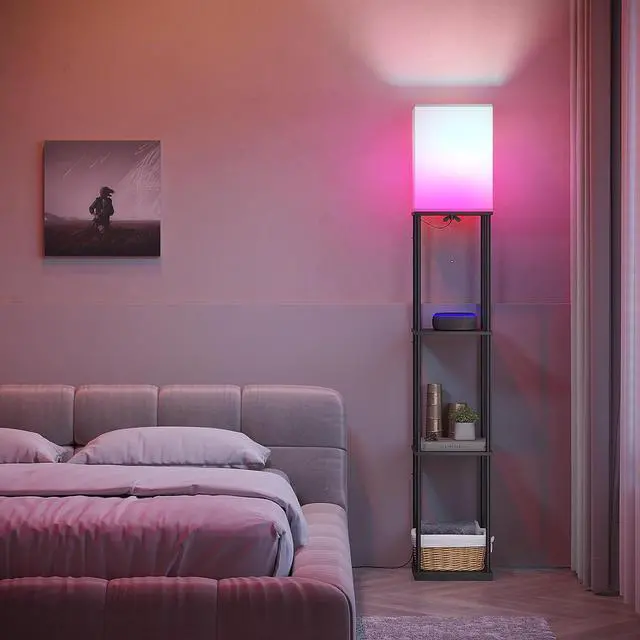 Alt view image 7 of 7 - Floor Lamp with Shelves, Smart APP Control Standing Lamp with RGB Bulb, 4-Tier Dimmable Floor Lamps for Living Room, Tall Lamp for Bedroom, Office, Corner Display Bookshelf Lamp