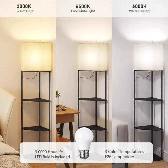 Alt view image 2 of 7 - Sector Corner Shelf lamp 3 Color temperatures LED Bulb,Corner lamp with Linen lampshade, Floor Lamps for Living Room, Bedroom, Study,Black Corner lamp with Shelves