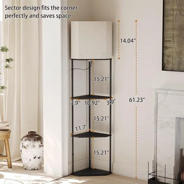 Alt view image 4 of 7 - Sector Corner Shelf lamp 3 Color temperatures LED Bulb,Corner lamp with Linen lampshade, Floor Lamps for Living Room, Bedroom, Study,Black Corner lamp with Shelves