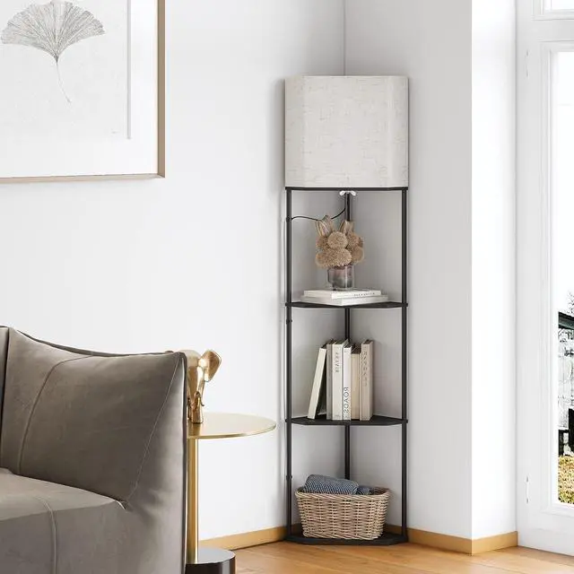 Alt view image 6 of 7 - Sector Corner Shelf lamp 3 Color temperatures LED Bulb,Corner lamp with Linen lampshade, Floor Lamps for Living Room, Bedroom, Study,Black Corner lamp with Shelves