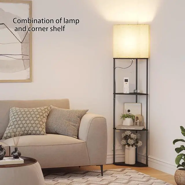 Alt view image 3 of 7 - Sector Corner Shelf lamp 3 Color temperatures LED Bulb,Corner lamp with Linen lampshade, Floor Lamps for Living Room, Bedroom, Study,Black Corner lamp with Shelves
